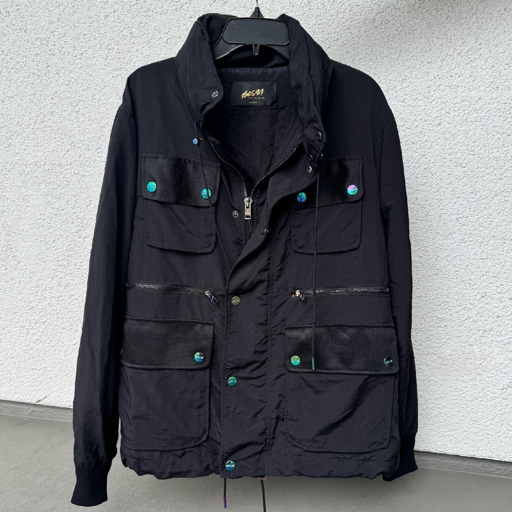 Hos81 Black Lightweight Utility Jacket Full Zip Pockets Iridescent Accents M NWT